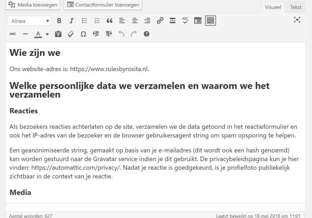 Sjabloon van een Privacybeleid in WordPress.