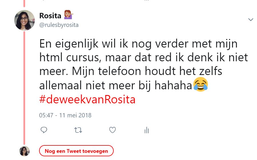 En eigenlijk wil ik nog verder met mijn html cursus, maar dat red ik denk ik niet meer. Mijn telefoon houdt het zelfs allemaal niet meer bij 