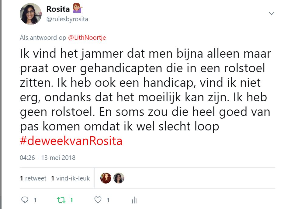 Ik vind het jammer dat men bijna alleen maar praat over gehandicapten die in een rolstoel zitten. Ik heb ook een handicap, vind ik niet erg, ondanks dat het moeilijk kan zijn. Ik heb geen rolstoel. En soms zou die heel goed van pas komen omdat ik wel slecht loop 