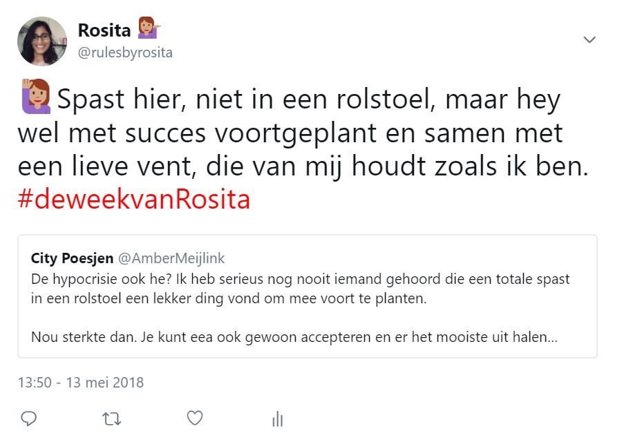 Spast hier, niet in een rolstoel, maar hey wel met succes voortgeplant en samen met een lieve vent, die van mij houdt zoals ik ben.