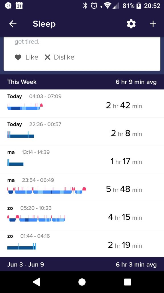 Overzicht van mijn uren slaap gemeten door mijn Fitbit.