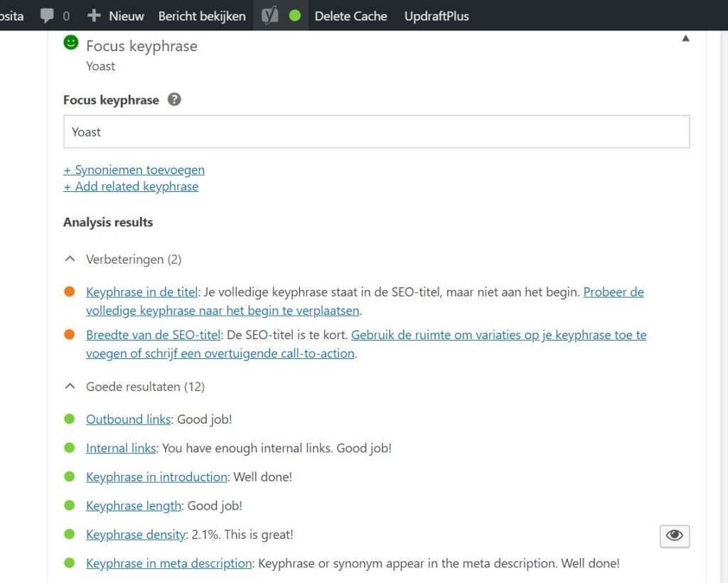 De plugin Yoast bij het schrijven van dit bericht. 