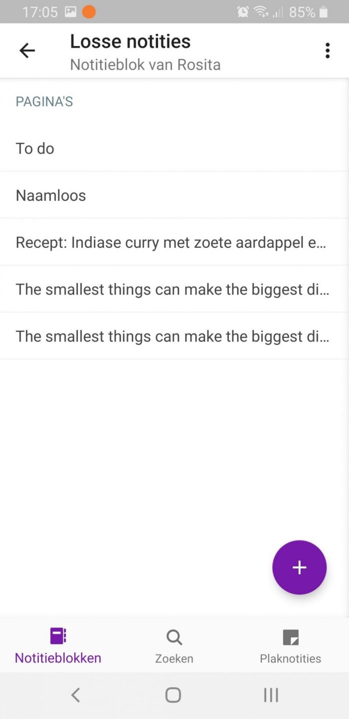 Pagina's in de OneNote App op mijn telefoon