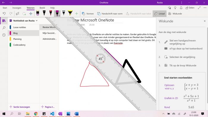 De wiskunde-functie en het lineaal in OneNote