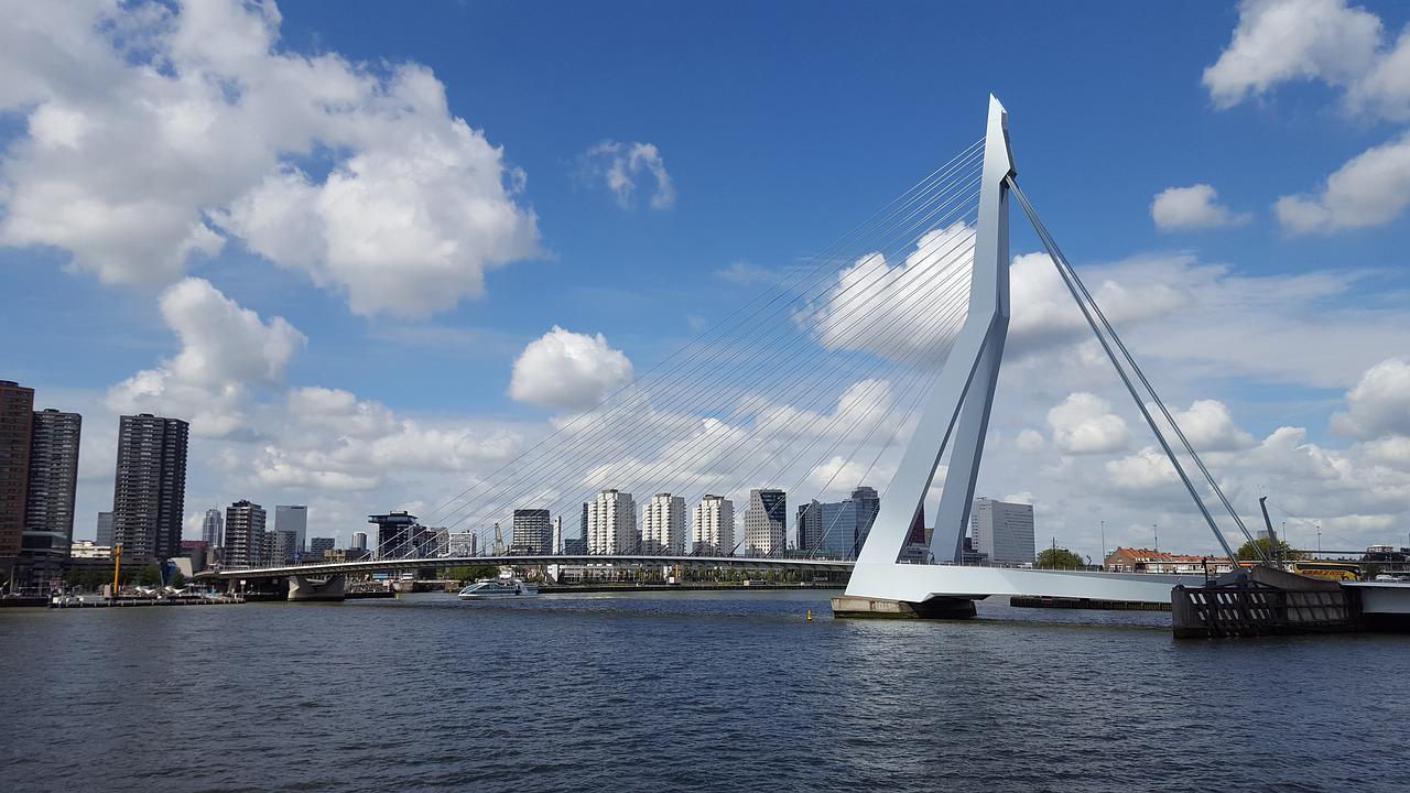 De skyline van Rotterdam, met de Erasmusbrug.